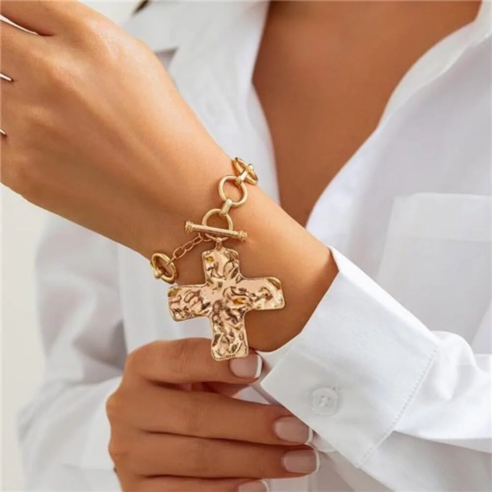 Chunky Big Hammered 24k Gold Plated Cross Bracelet Statement Faith Bracelet new